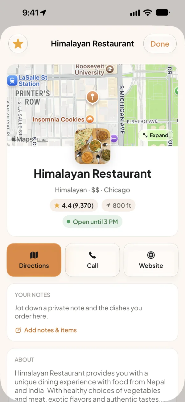 Restaurant details for a favorited restaurant, with a Your Notes section inviting a private note and the dishes you order.