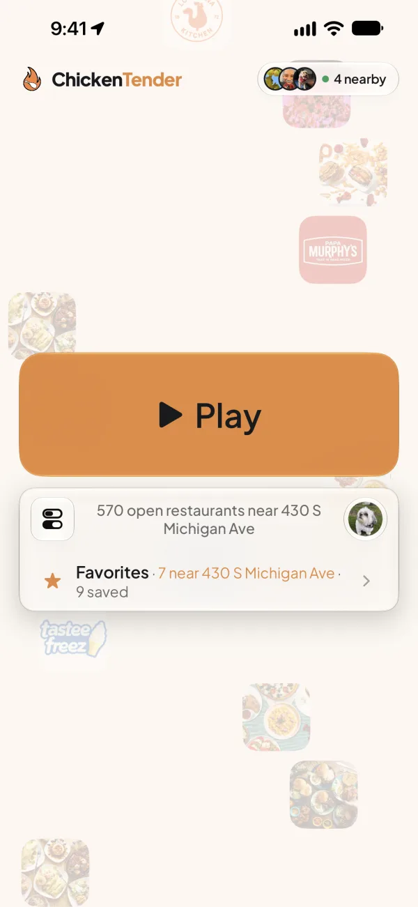 The Chicken Tender home screen, whose Favorites row reads 7 near 430 S Michigan Ave, 9 saved.