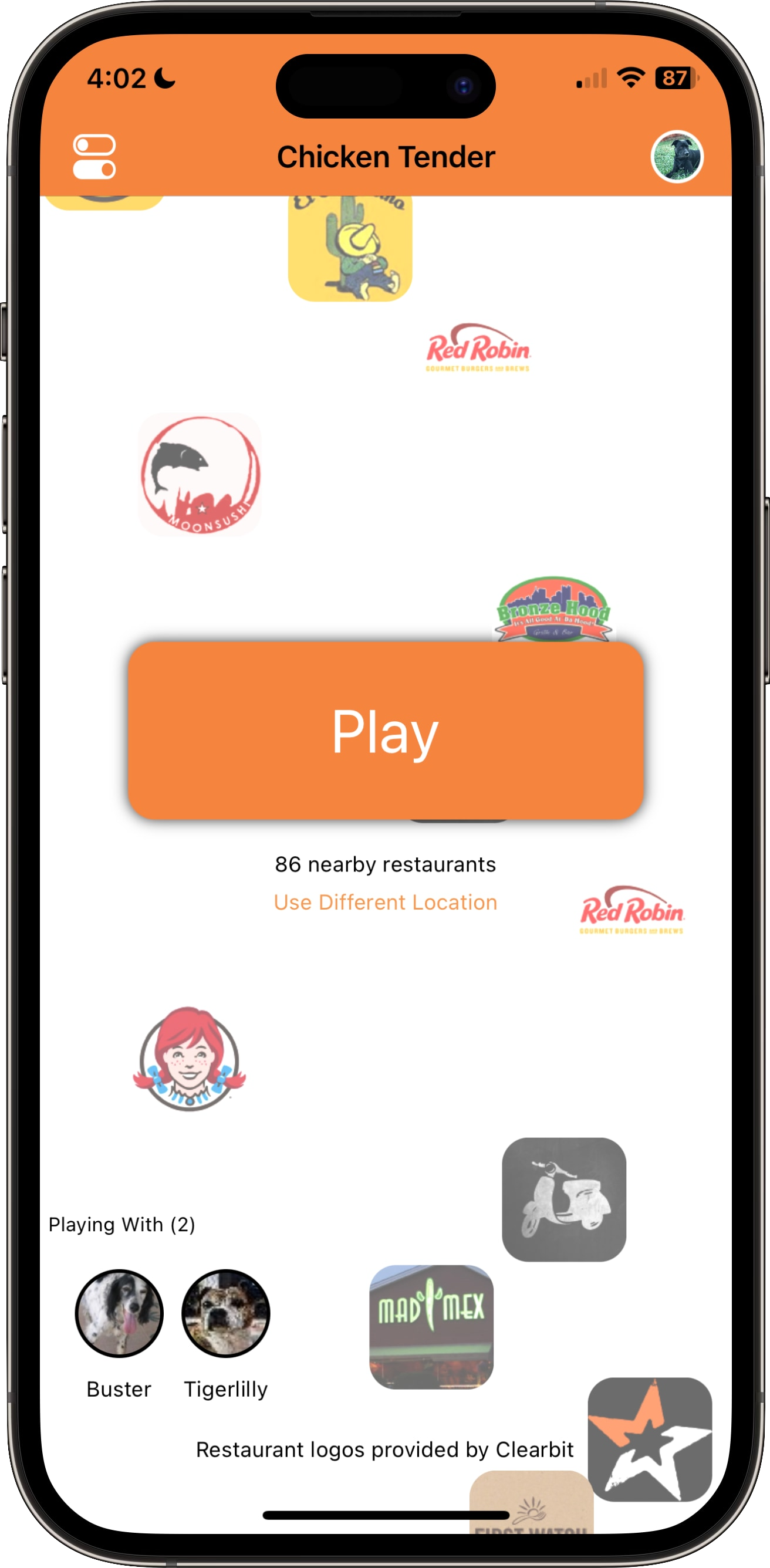 Chicken Tender app showing a list of nearby restaurants to swipe through.
