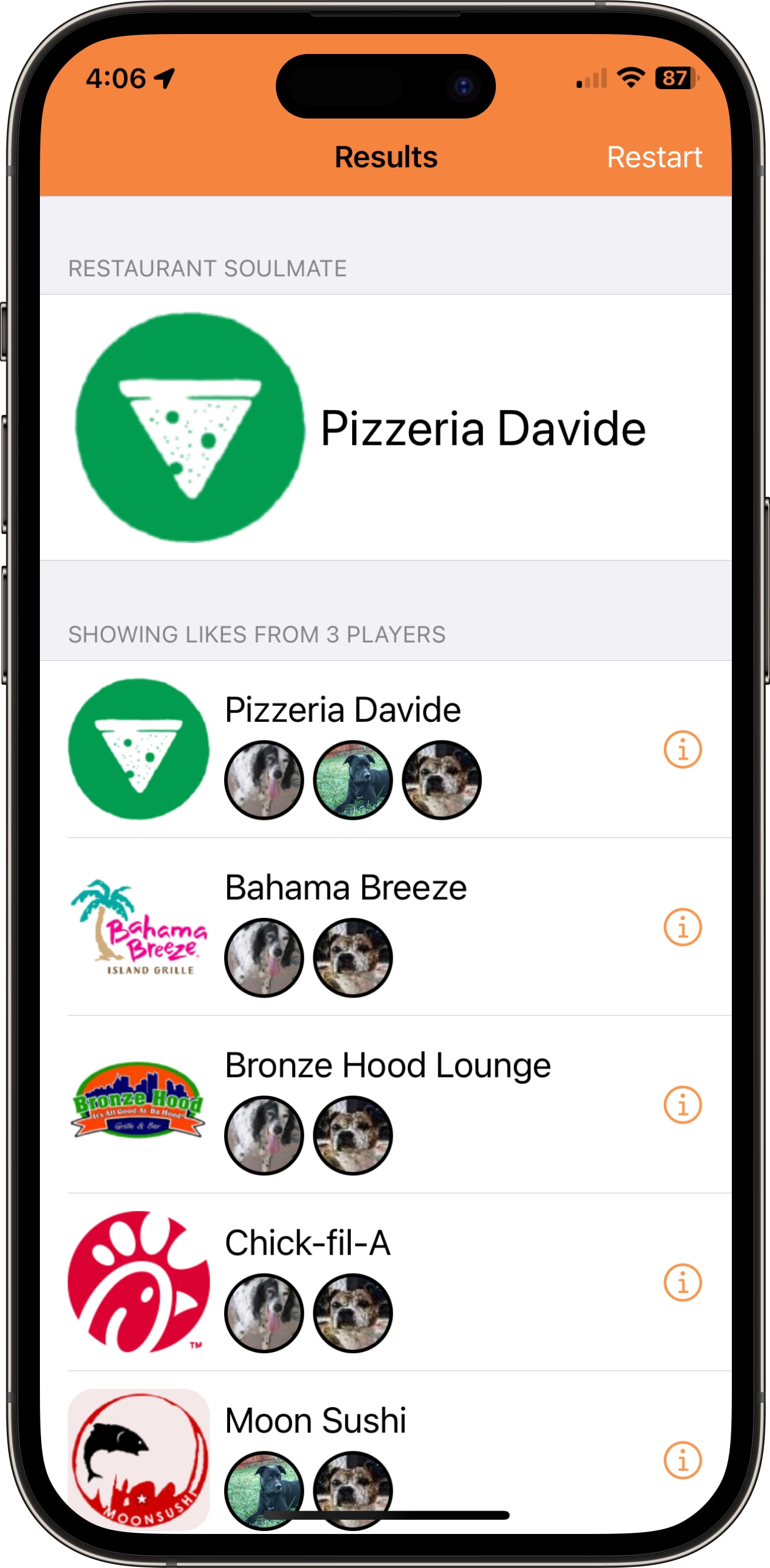 Screenshot of Chicken Tender app interace showing group matching results to solve indecision.