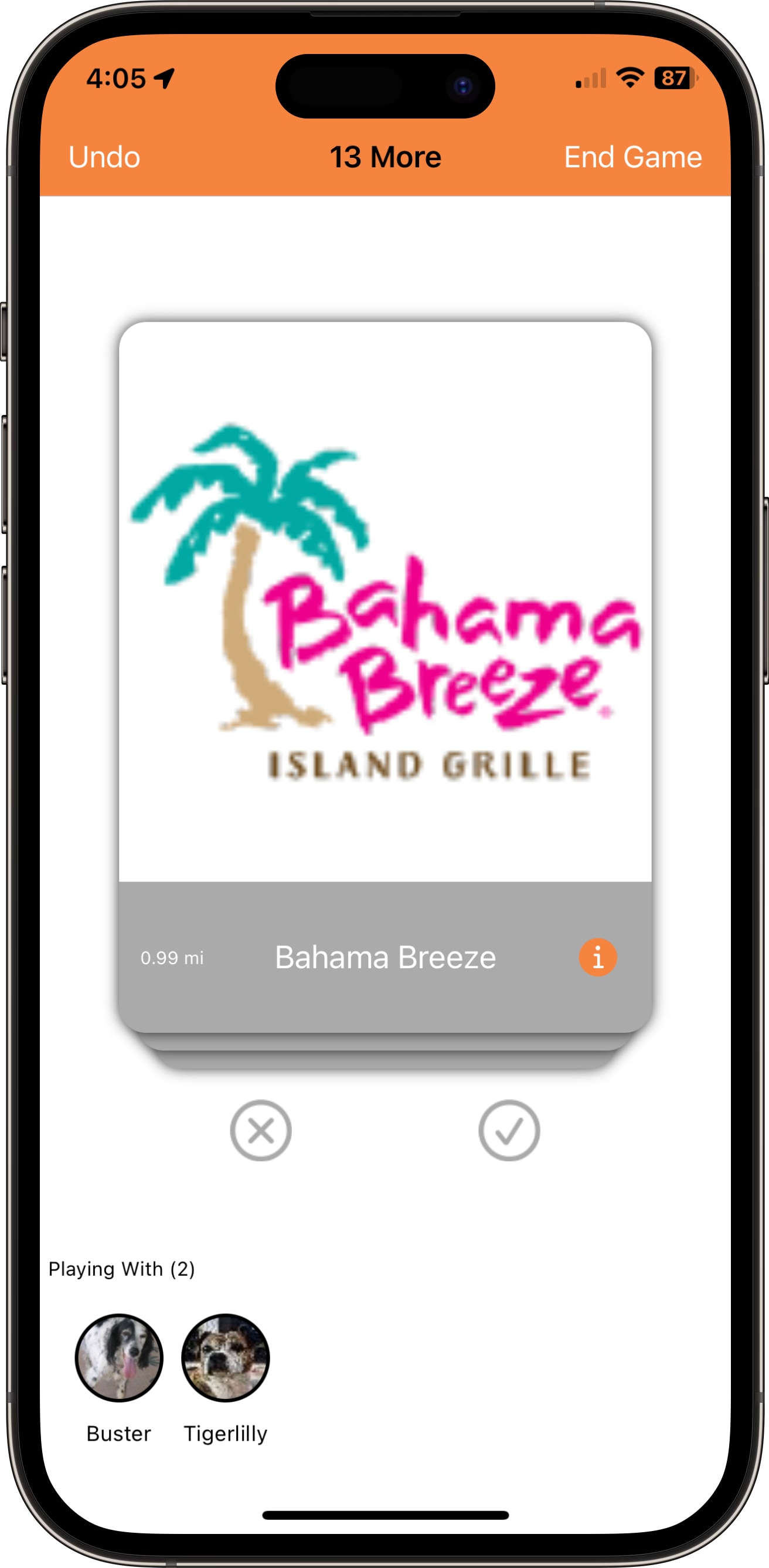 Screenshot of Chicken Tender app interface showing card-based layout.