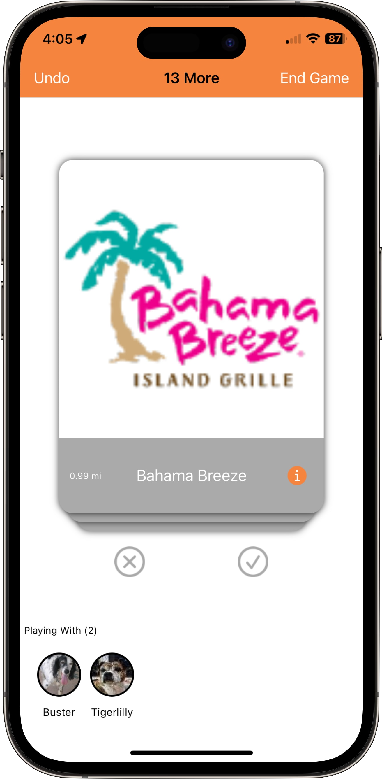 Swiping right on a restaurant card in the Chicken Tender app.